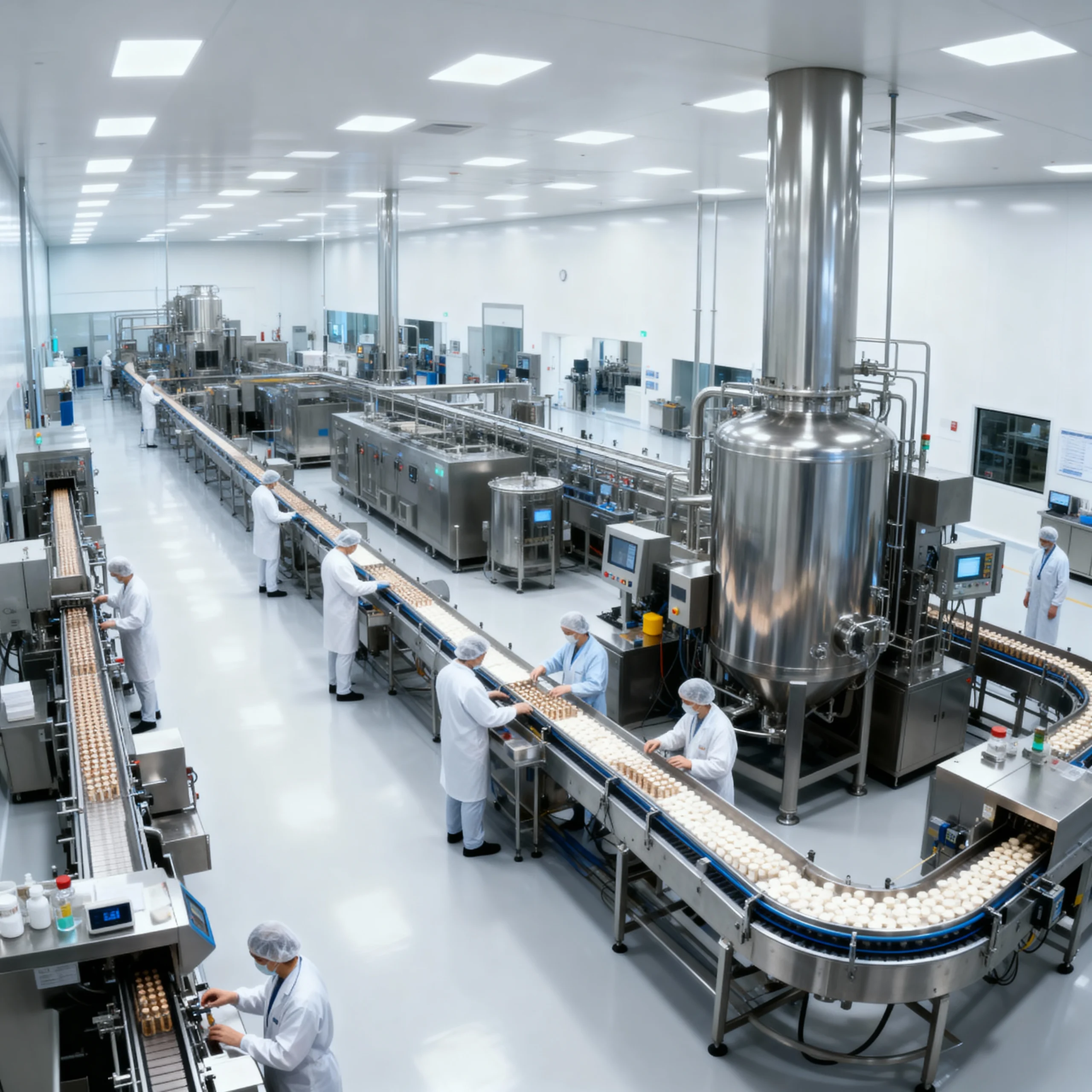 Panoramic view of a modern, spacious nutraceutical manufacturing floor, showing scale and precision.