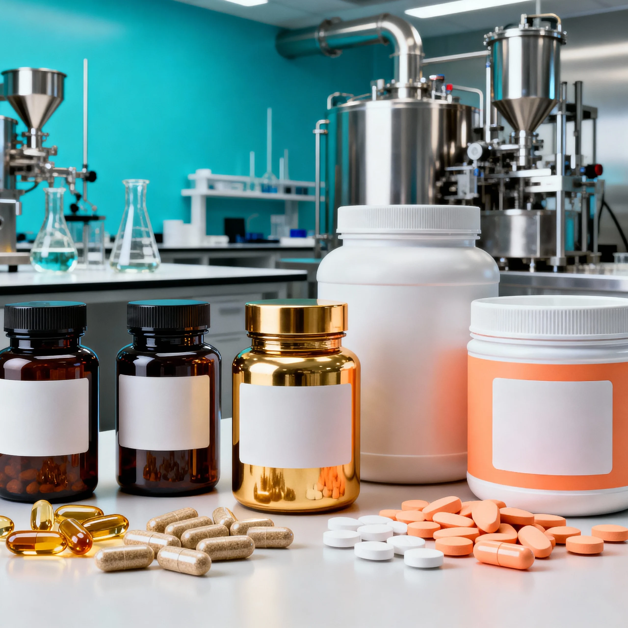 A stylish flat-lay of custom-branded supplement products, emphasizing branding and customization.