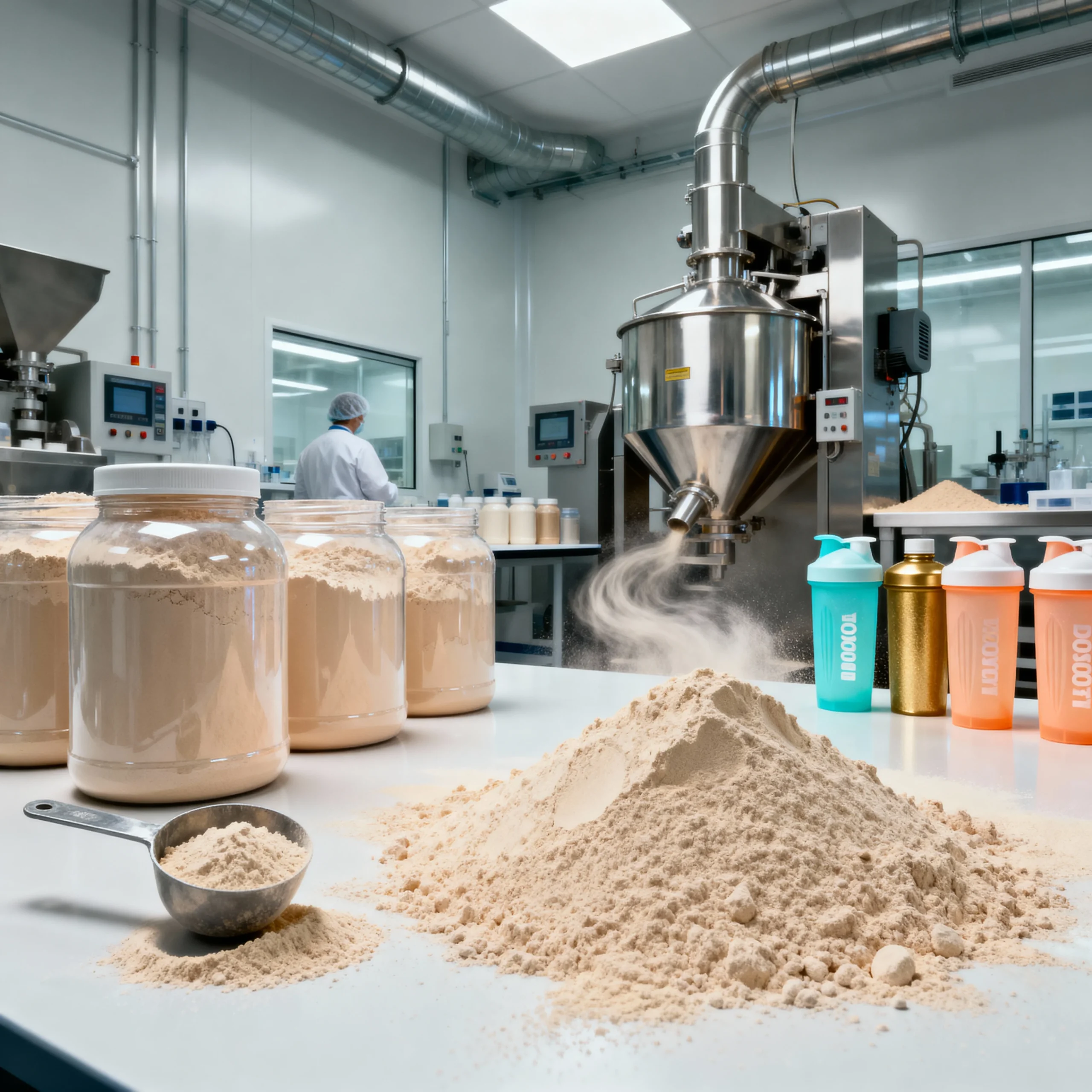 Industrial close-up of high-quality protein powder being blended in a massive, commercial-grade stainless steel blender.