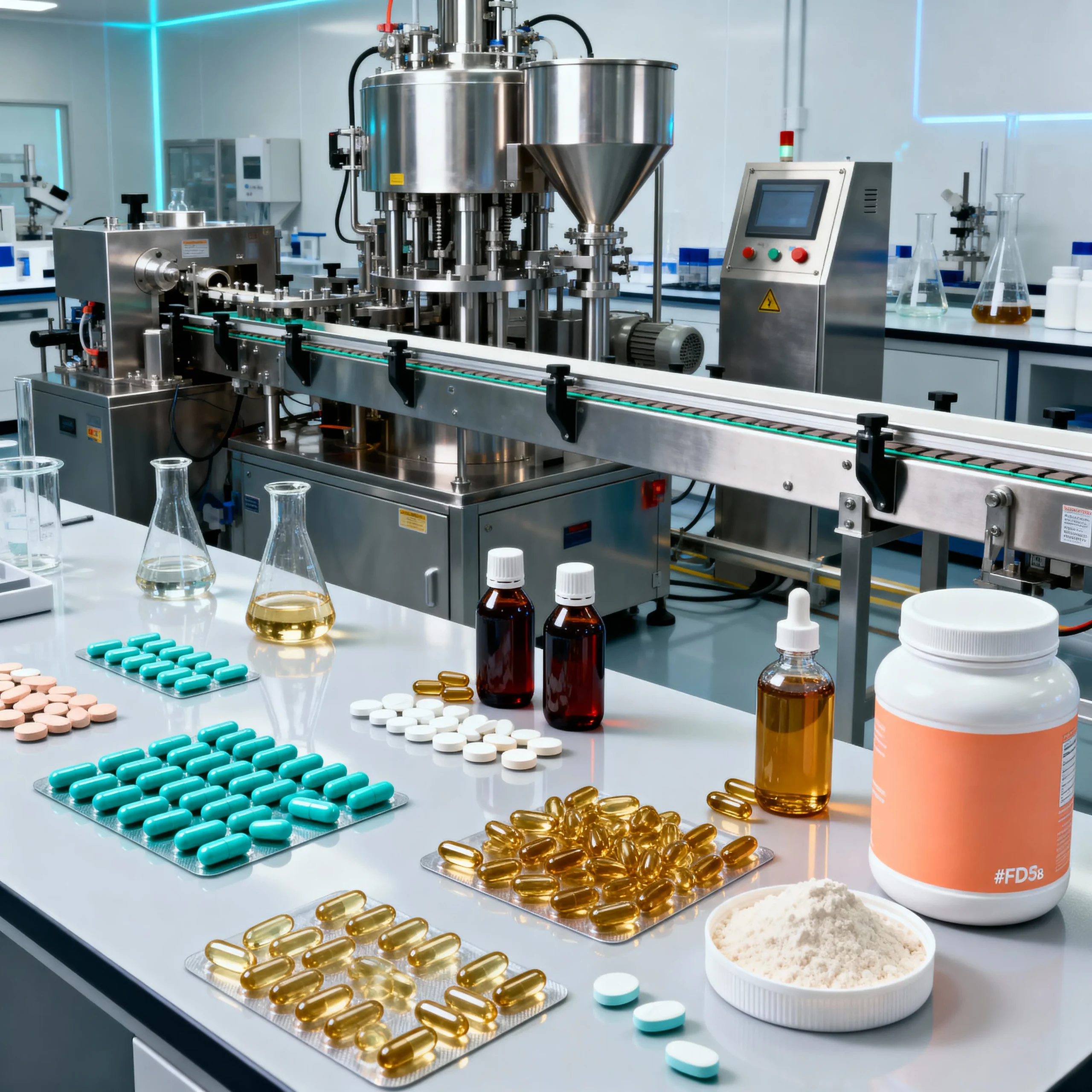 Dynamic shot of branded supplement bottles on a modern, brightly lit production conveyor belt.